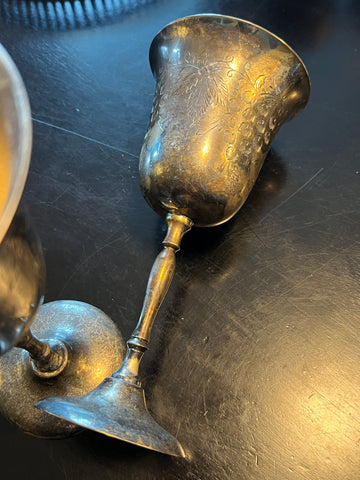 Vintage Brass Chalice w/ Etched Grapes  7"