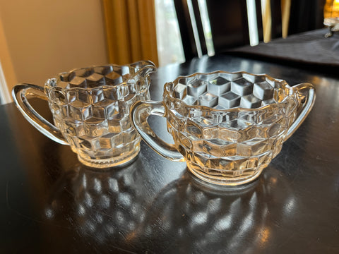 Vintage Jeannette Clear Cube Pattern Depression Glass Sugar & Creamer Set