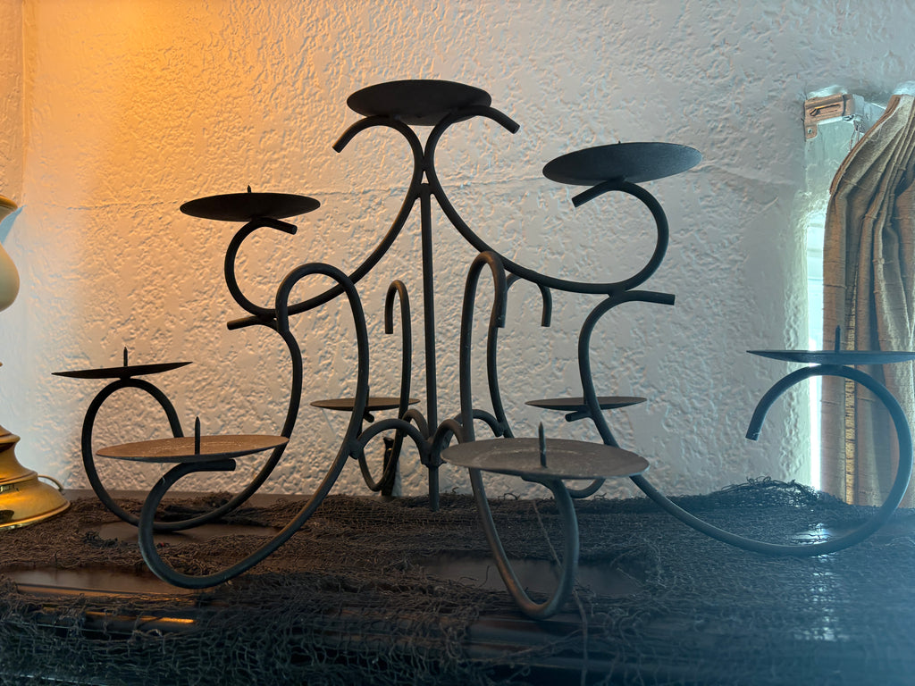 9-Light Rustic Brown & Black Wrought Iron Pillar Candelabra