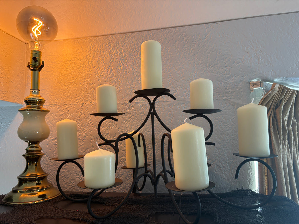 9-Light Rustic Brown & Black Wrought Iron Pillar Candelabra