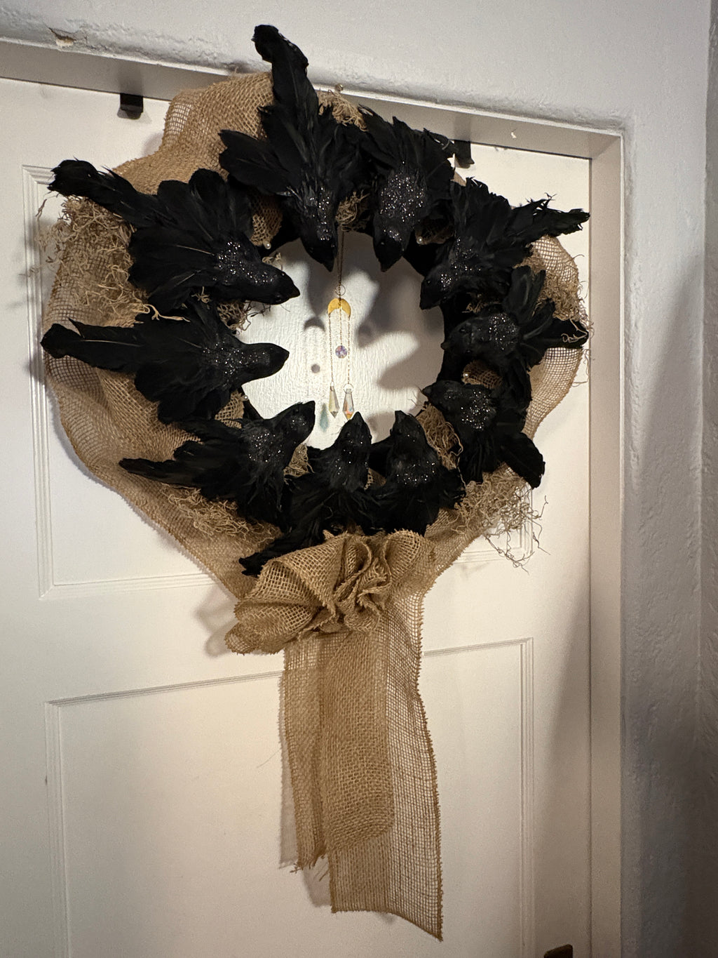 Black Glittered Crow Wreath w/ Crystal Moon