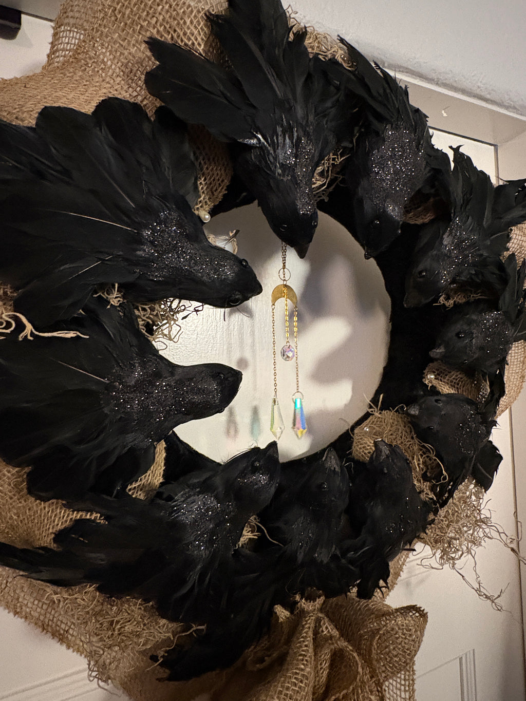 Black Glittered Crow Wreath w/ Crystal Moon