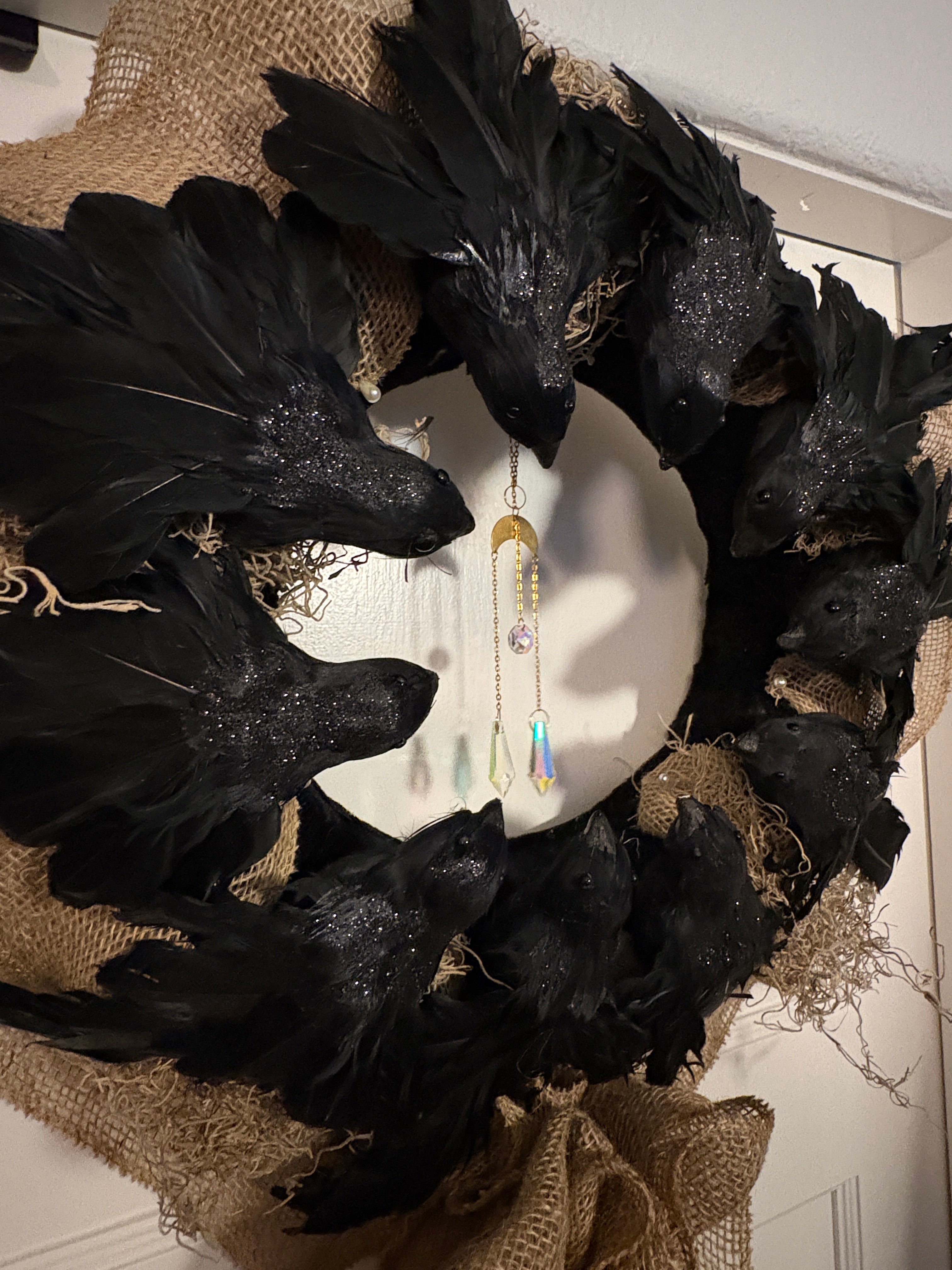 Black Glittered Crow Wreath w/ Crystal Moon