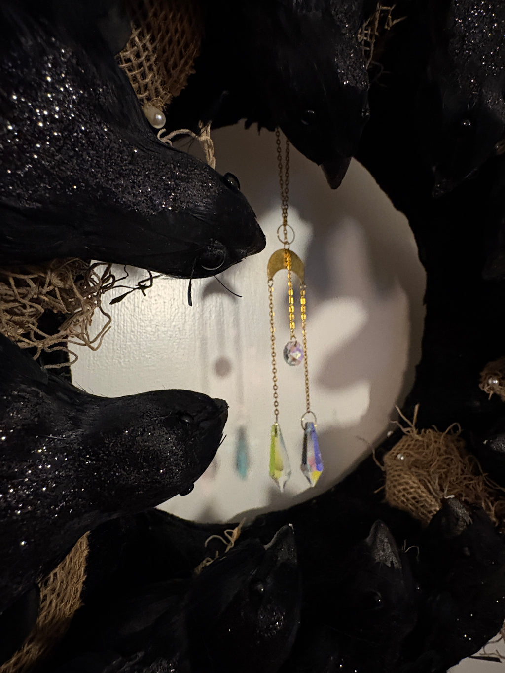 Black Glittered Crow Wreath w/ Crystal Moon