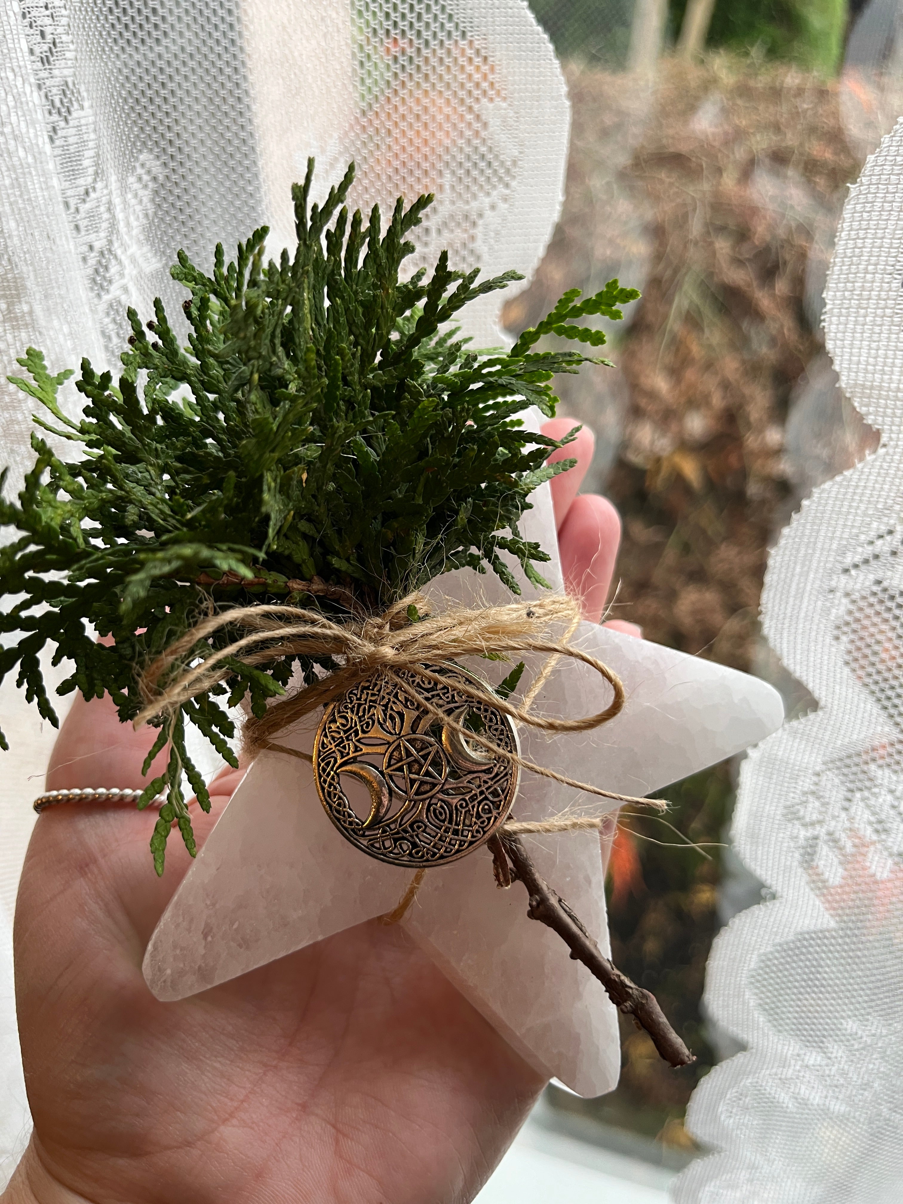 Selenite (Satin Spar) Star w/ Cedar