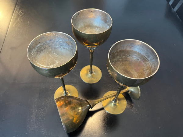 Vintage Brass Wine Glass Set (4)
