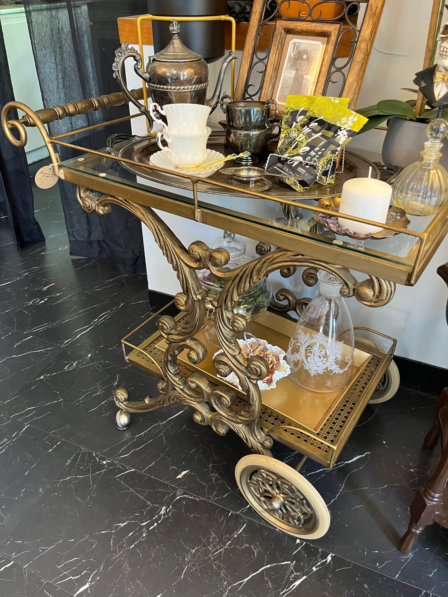 1950s Baroque Style Brass Bar Cart