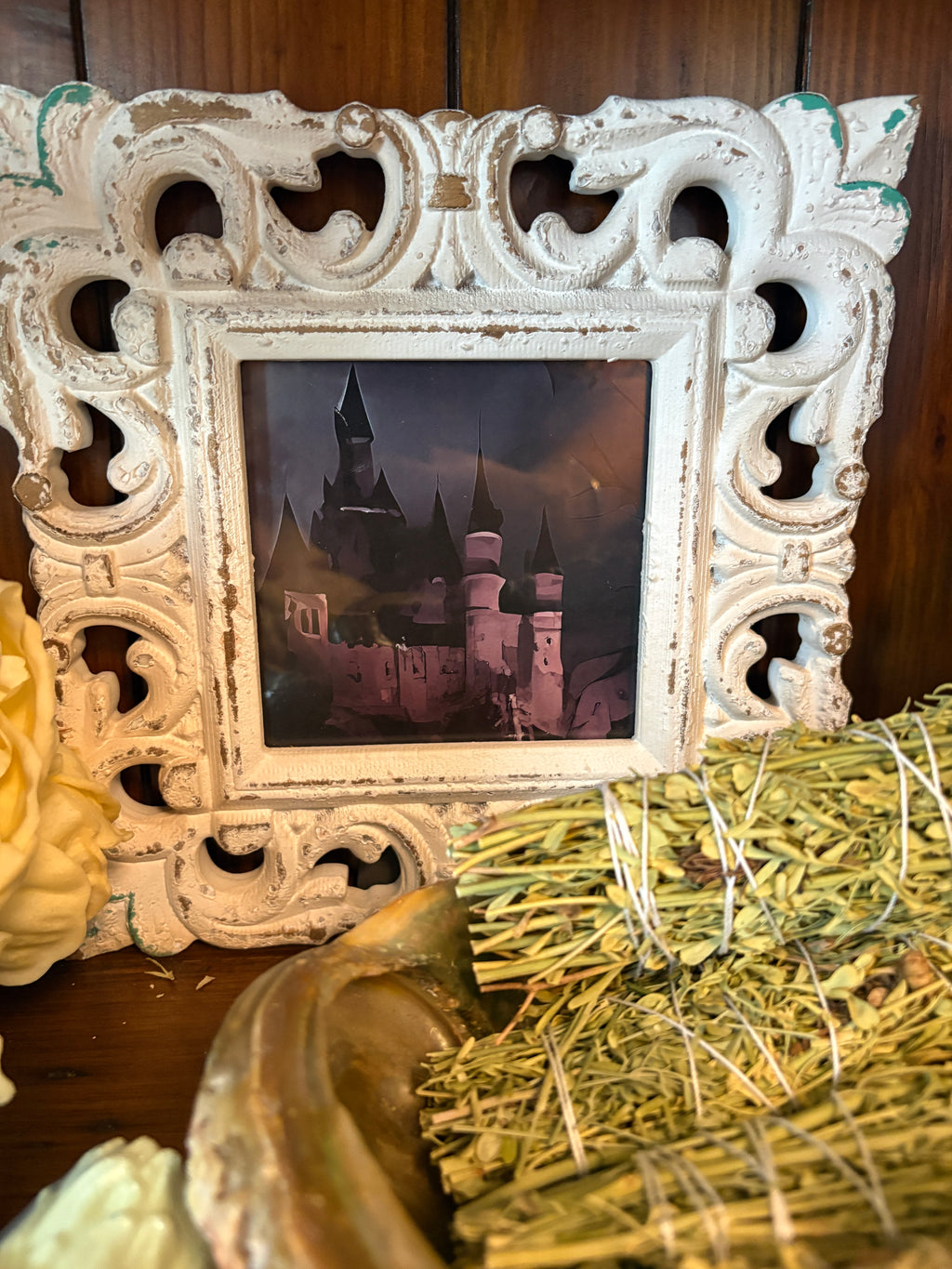 Vintage Style Whitewashed Carved Scroll Frame