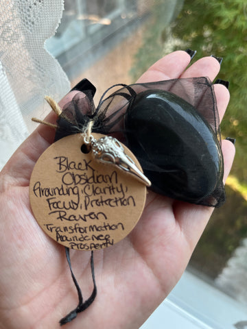 Black Obsidian Palm Stone w/ Raven