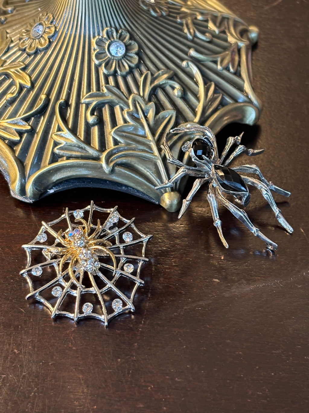 Gold Spider on Silver Crystal Web Broach