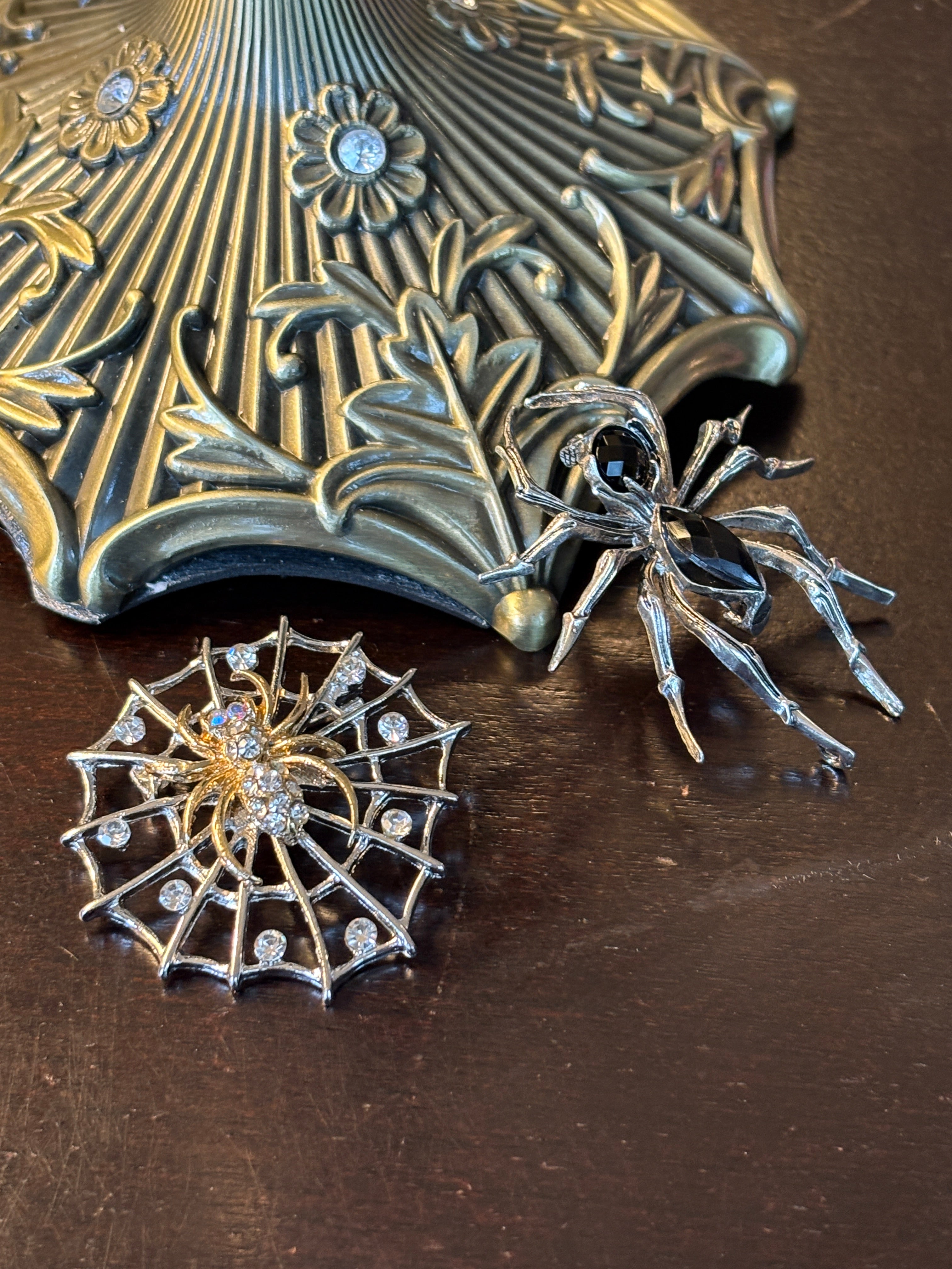 Silver Spider with Black Crystal Body Broach