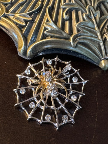 Gold Spider on Silver Crystal Web Broach