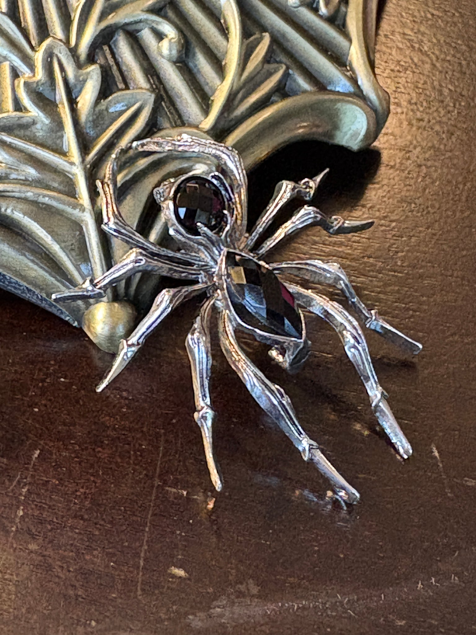 Silver Spider with Black Crystal Body Broach