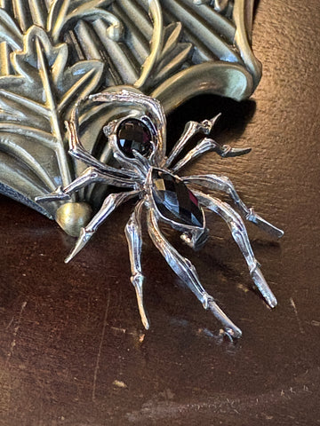 Silver Spider with Black Crystal Body Broach