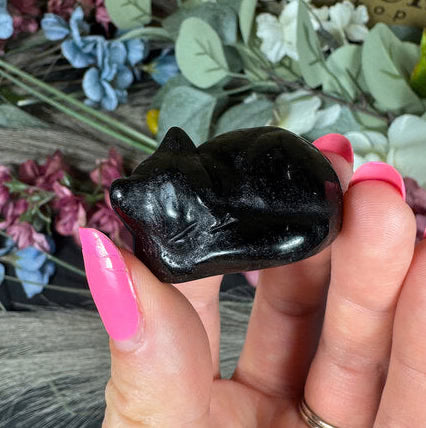 Crystal Black Obsidian Sleeping Cat