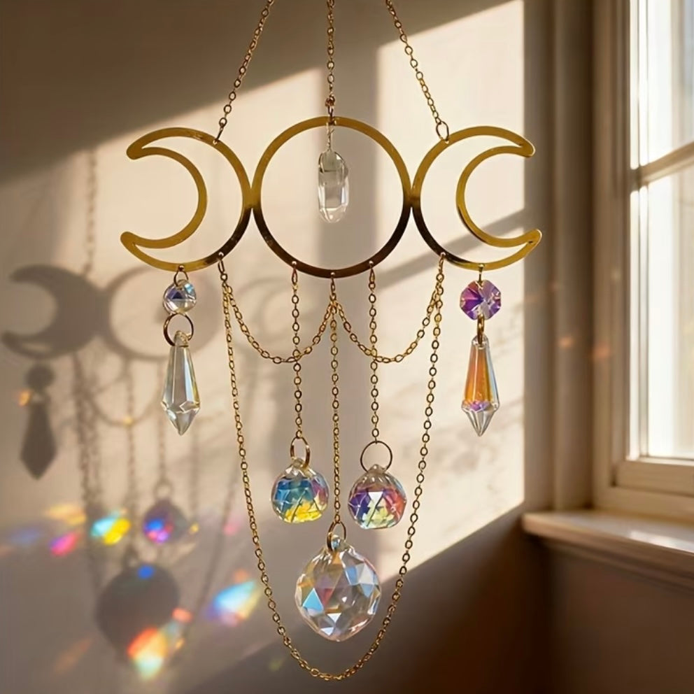 Decorative hanging with crystal elements in front of a window