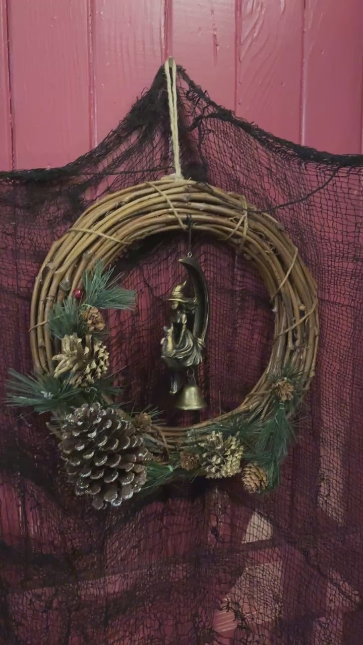 Witch’s Cat & Crescent Moon Wind Chime Wreath