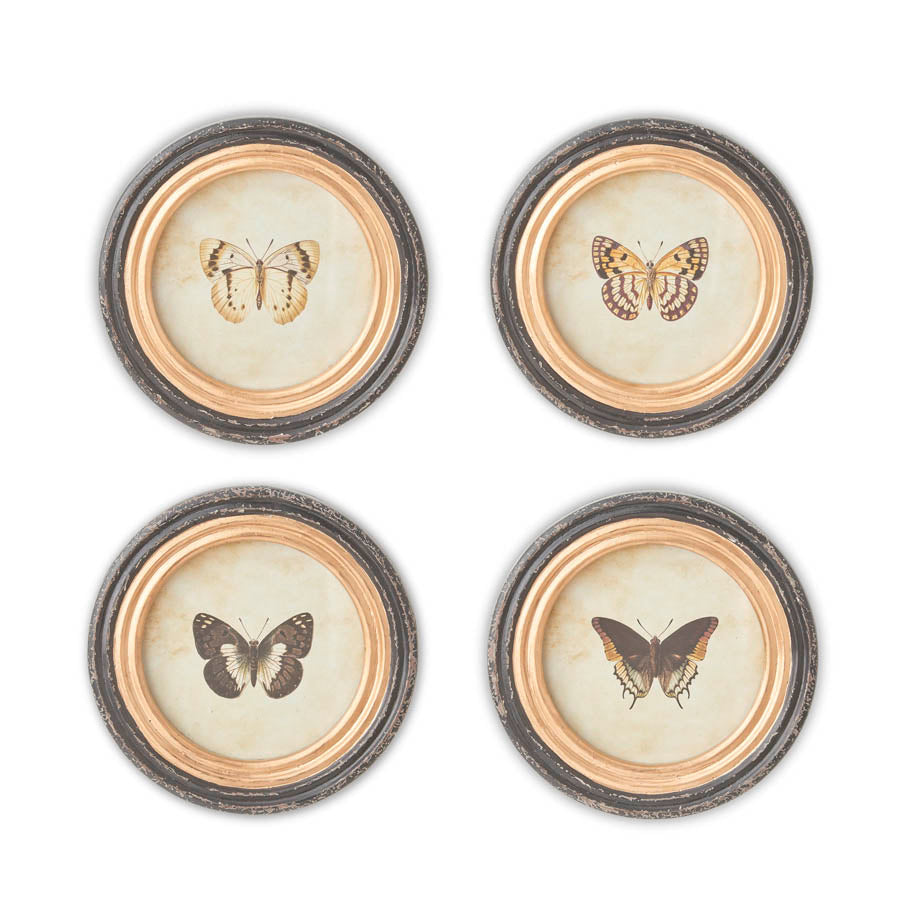 Black Round Framed Butterfly Prints w/ Blk & Gold