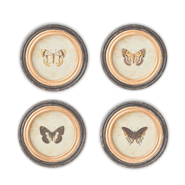 Black Round Framed Butterfly Prints w/ Blk & Gold