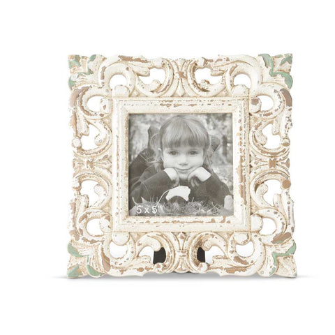 Square Whitewashed Carved Photo Frame