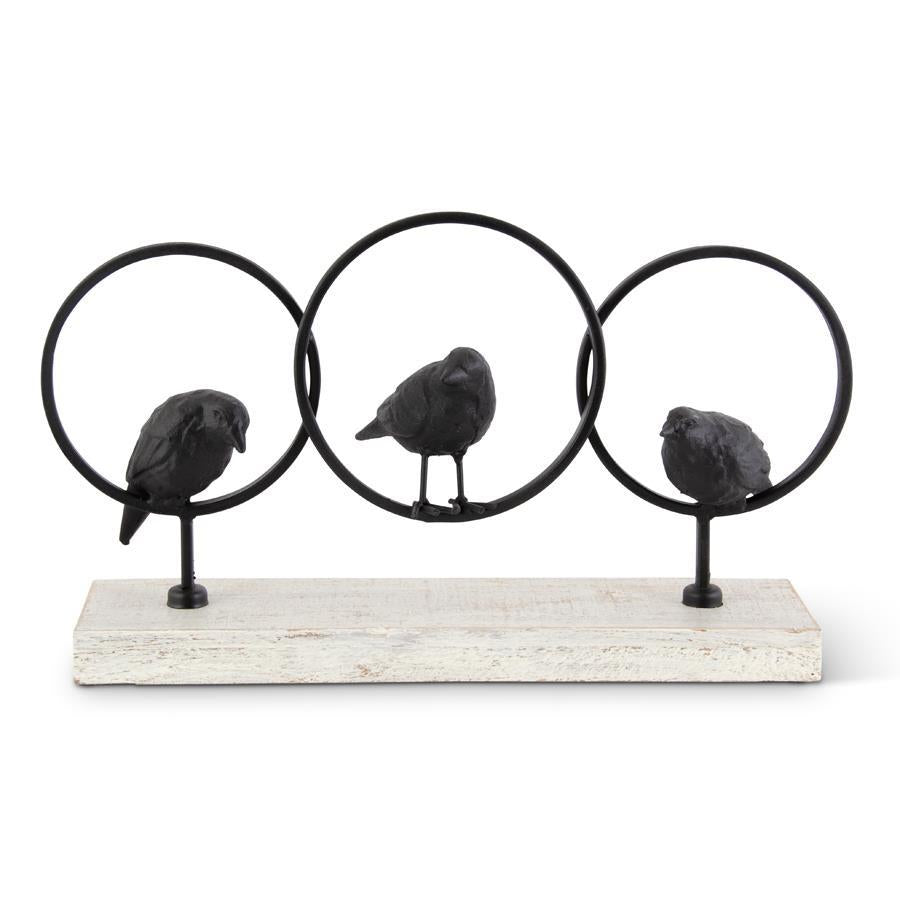 Black Metal Rings w/ Birds on Wood Base