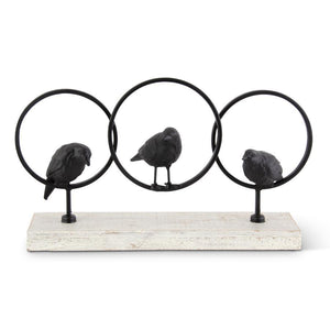 Black Metal Rings w/ Birds on Wood Base