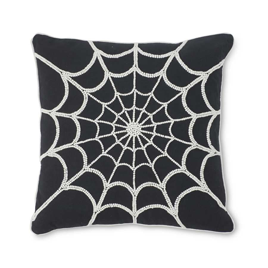 Black Cotton Pillow w/ White Beaded Spider Web
