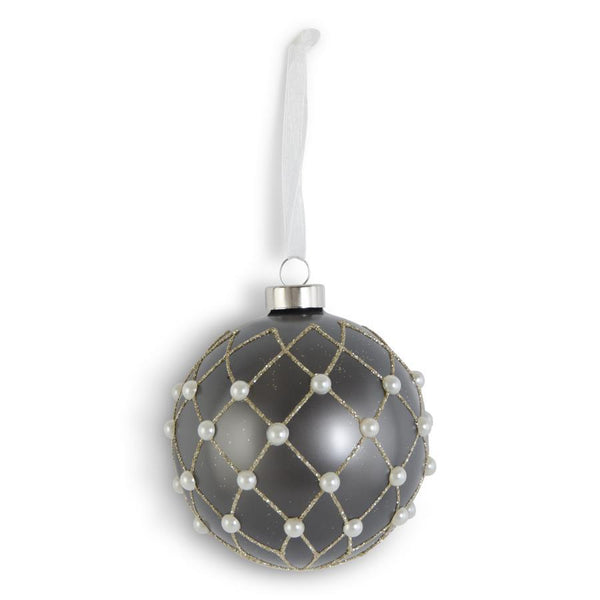 Matte Grey Glass Ornament w/ Gold Diamond Glitter & Pearls
