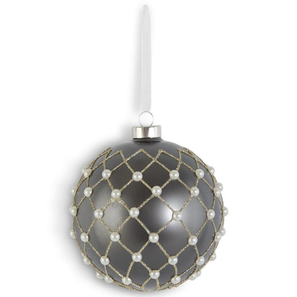 Matte Grey Glass Ornament w/ Gold Diamond Glitter & Pearls