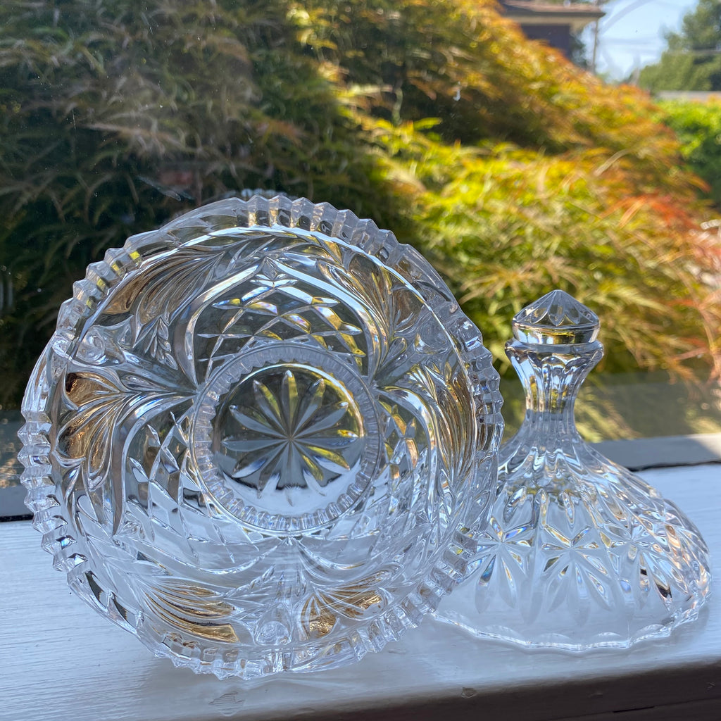 Vintage Cut Crystal Lidded Dish w/ Highlighted Gold