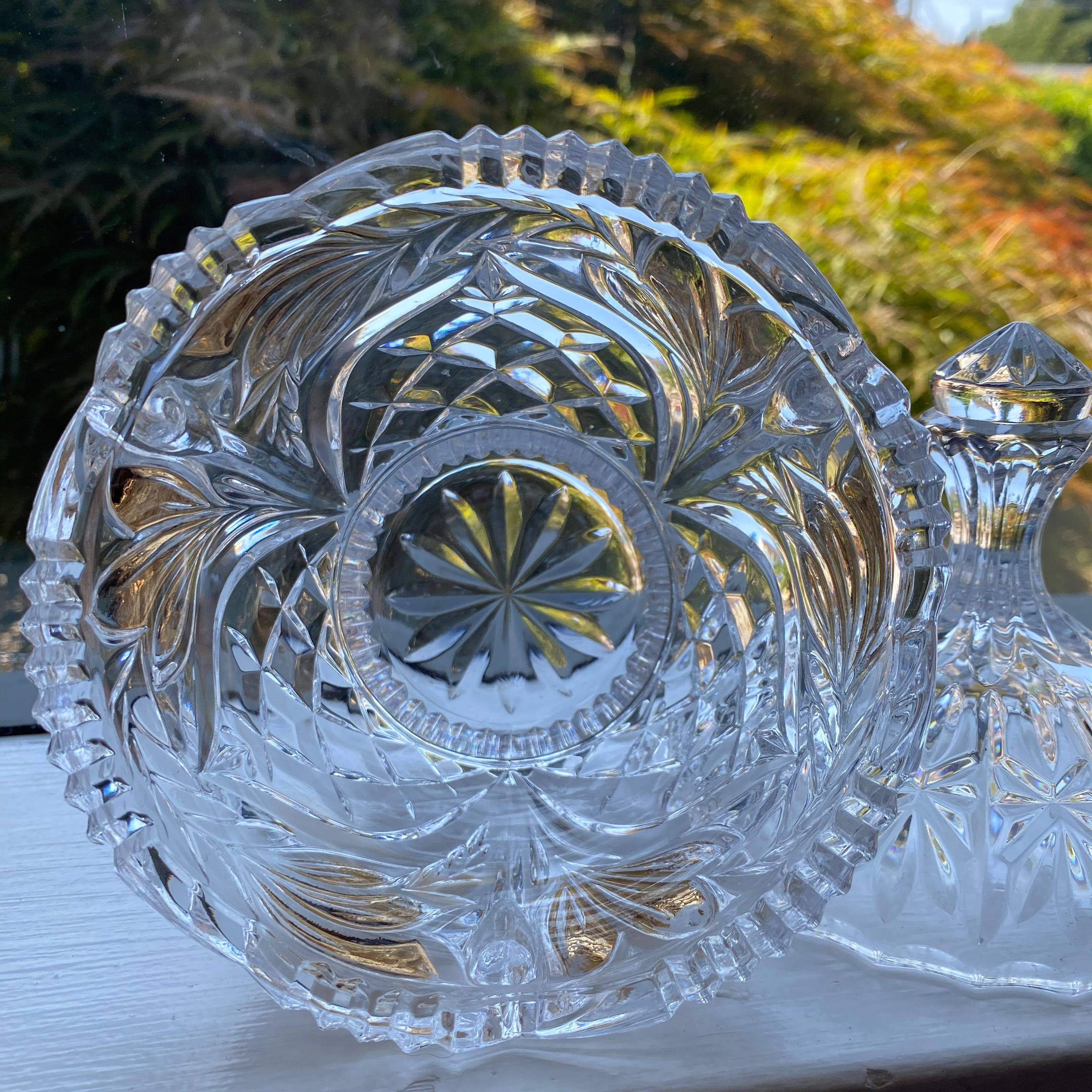 Vintage Cut Crystal Lidded Dish w/ Highlighted Gold