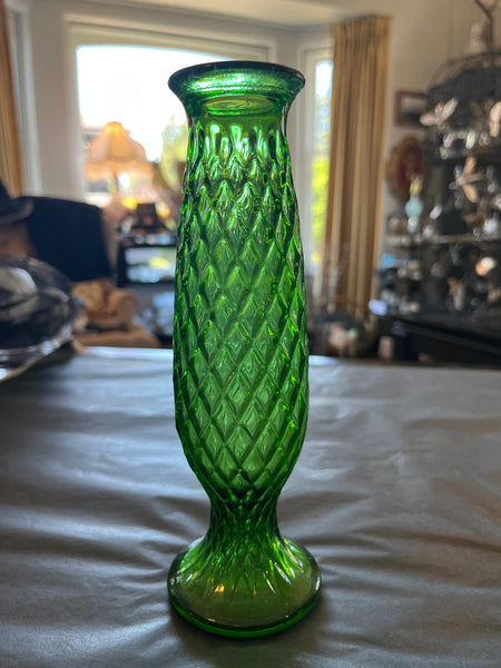 Vintage EO Brody Glass Co Cleveland Ohio Green Bud Vase Diamond Cut 8"