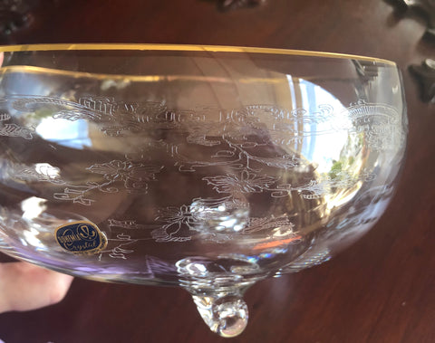 Vintage Czech Bohemia Crystal Etched Footed Bowl w/ gold trim