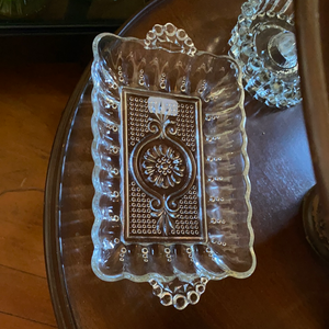 Clear Glass Tray w/ handles, pattern of bubbles & arabesques
