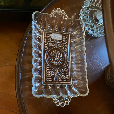 Clear Glass Tray w/ handles, pattern of bubbles & arabesques
