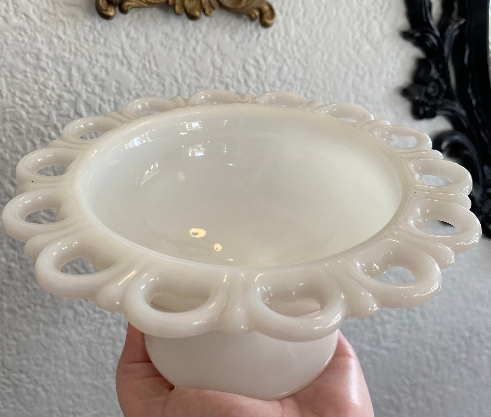 Anchor Hocking Milk Glass Ruffled Lace Edge Compote 7"