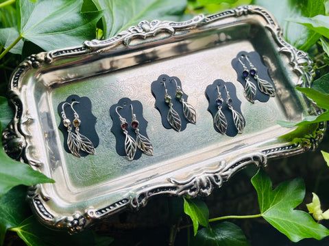 Silver Feather Earrings w/ Semi Precious Stones