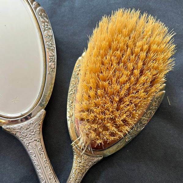 Vintage Silver Hand Mirror & Brush set w/ Rose