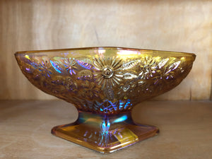 Amber Carnival Glass Diamond Shape Compote