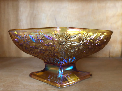 Amber Carnival Glass Diamond Shape Compote
