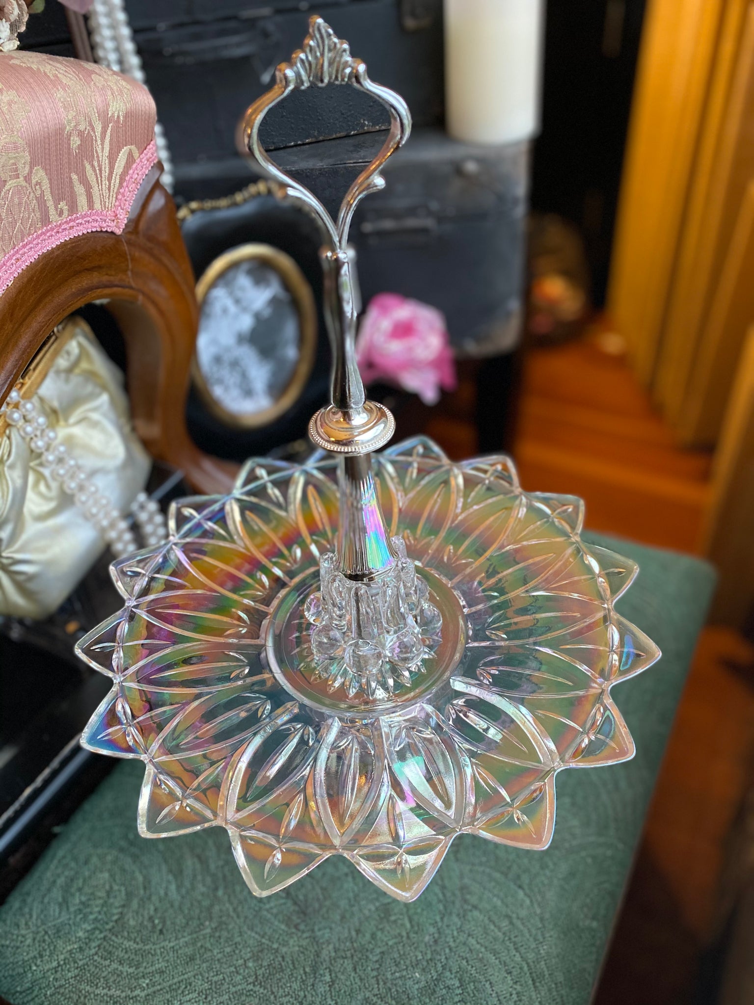 Vintage Iridescent Federal Glass Raised Tier Tidbit Tray Petal Pattern