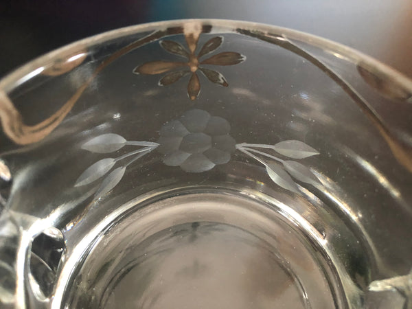 Clear Glass Depression Sugar Bowl w etched flower & black filigree