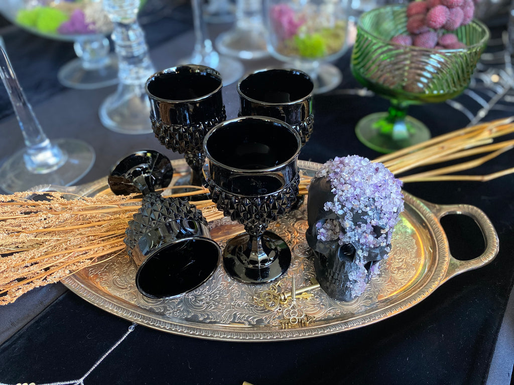 Vintage Tiara Cameo Black Indiana Glass Diamond Point Goblets