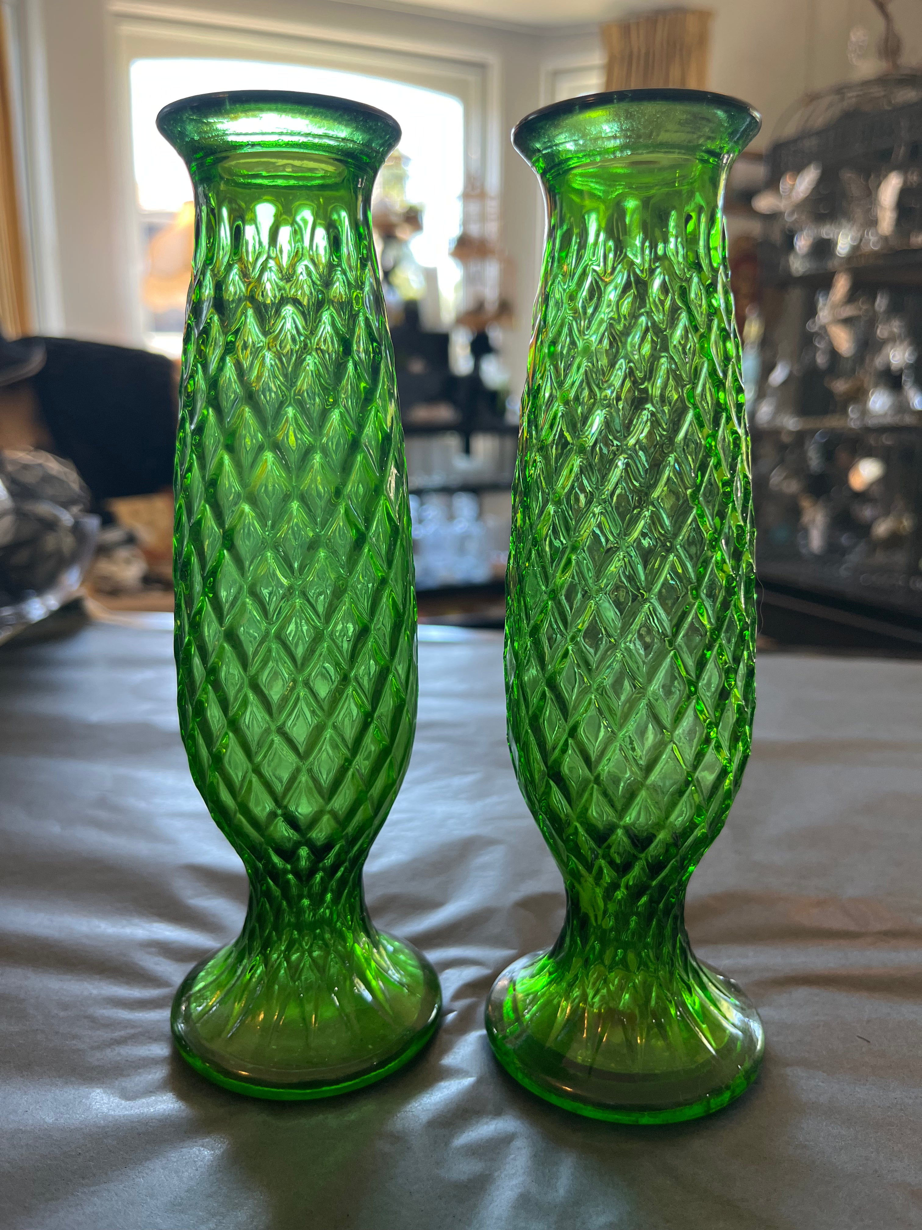 Vintage EO Brody Glass Co Cleveland Ohio Green Bud Vase Diamond Cut 8"