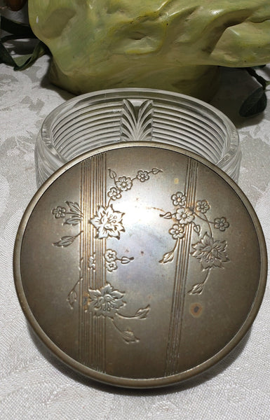 Vintage Art Deco Floral Design Footed Vanity Powder Glass Jar