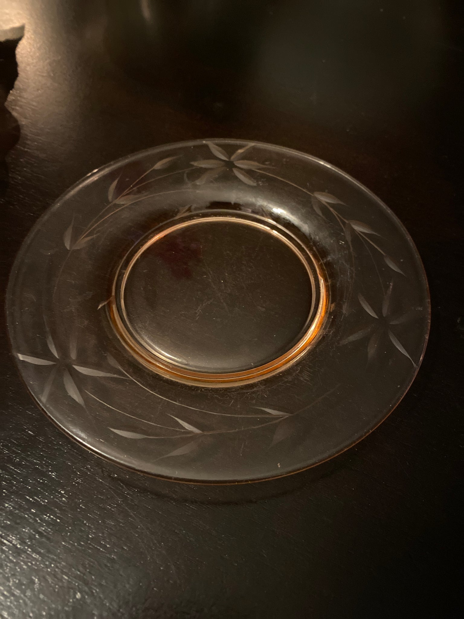Pink Depression Glass Dessert Plate w/ Etched flower and Leafy Vines