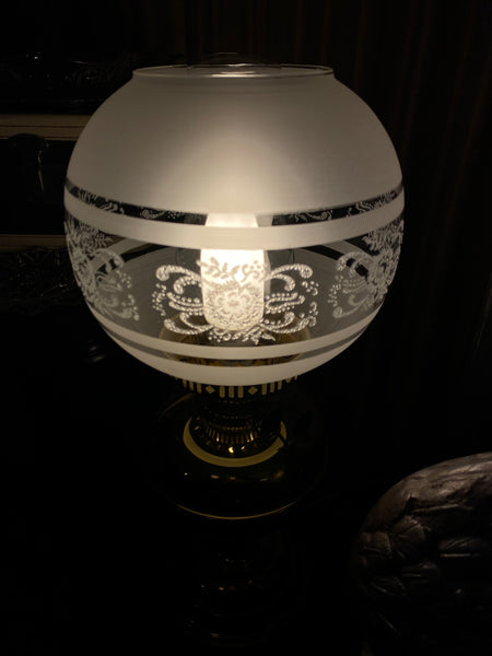 Vintage Brass Electric Hurricane Lamp w/ Etched Globe