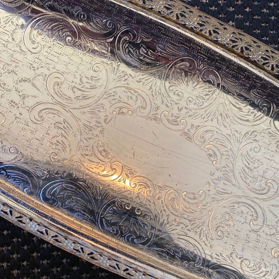 Vintage Silver Plated Offering Tray w/ Handles & Ball Feet