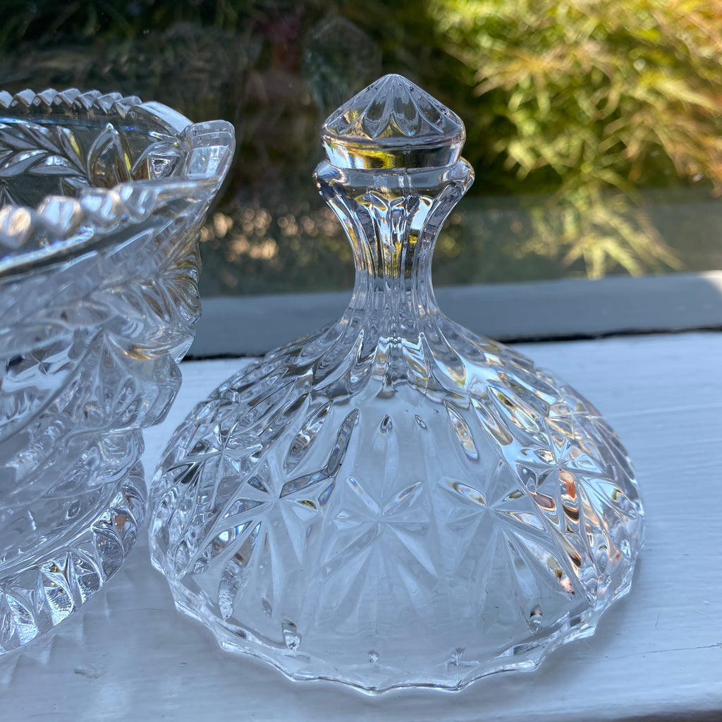 Vintage Cut Crystal Lidded Dish w/ Highlighted Gold