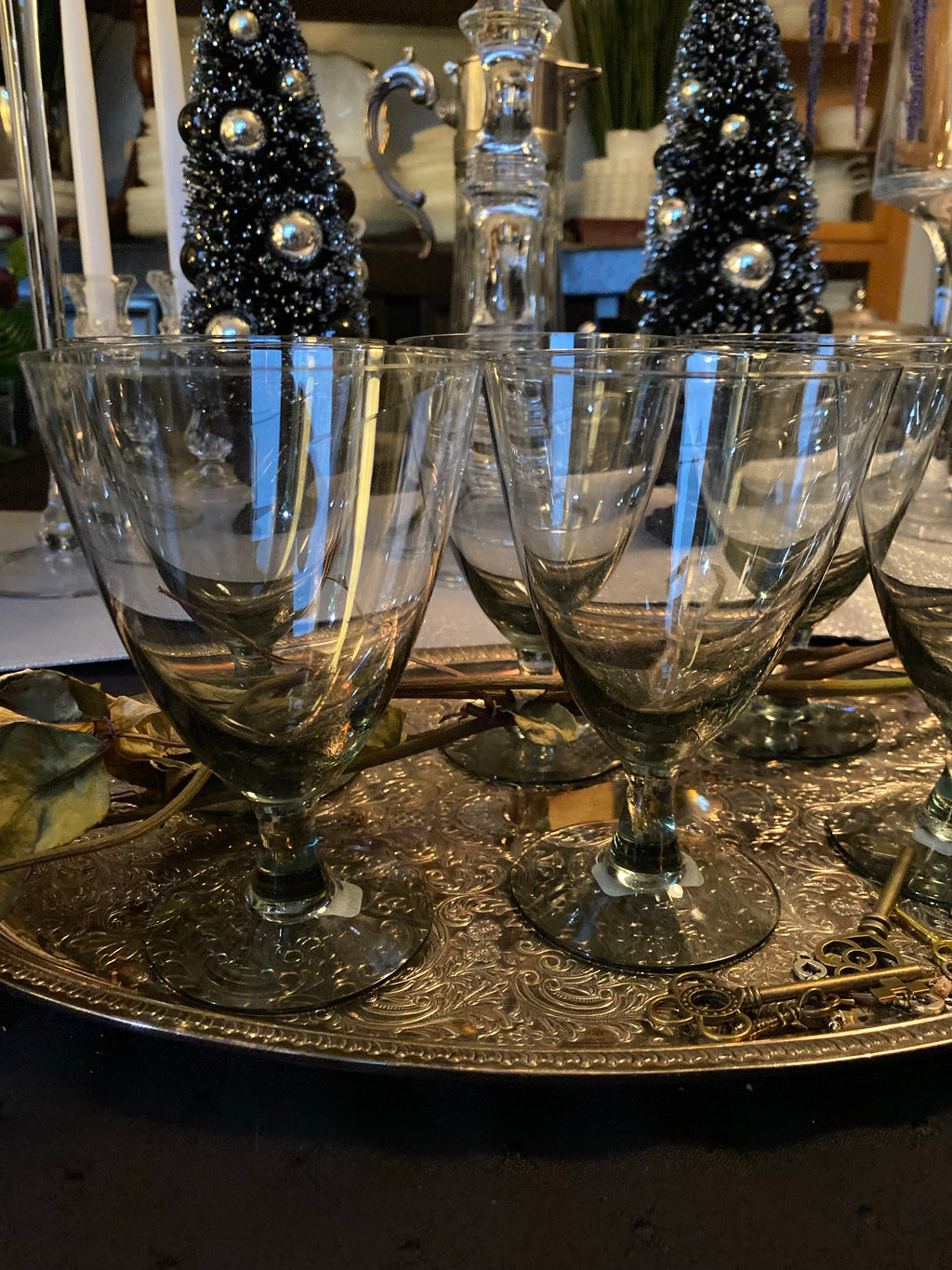 Vintage MCM Smoked Grey Stemmed Glasses (6)